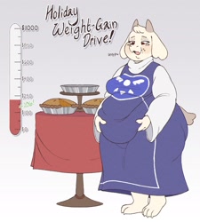 Size: 2013x2238 | Tagged: suggestive, artist:pastelgeneticist, part of a set, toriel (undertale), bovid, goat, mammal, anthro, comic:holiday weight gain drive!, undertale, 2022, 4 toes, barefoot, belly hold, big breasts, blushing, boss monster, bottomwear, breasts, clothes, double chin, dress, english text, fat, fat fetish, female, food, fur, high res, horns, huge belly, looking down, messy eating, obese, open mouth, pie, red eyes, solo, solo female, standing, table, tablecloth, tail, text, three-quarter view, weight gain, weight gain drive, white body, white fur