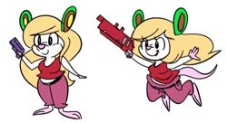 Size: 536x292 | Tagged: safe, artist:milk-knight, curly brace (cave story), mammal, mouse, rodent, anthro, cave story, 2 toes, 2022, 4 fingers, anthrofied, barefoot, belt, blonde hair, bottomwear, clothes, female, fur, furrified, gun, hair, holding gun, long hair, long tail, low res, pants, pink nose, shirt, simple background, sleeveless, smiling, solo, solo female, species swap, tail, topwear, weapon, white background, white body, white fur