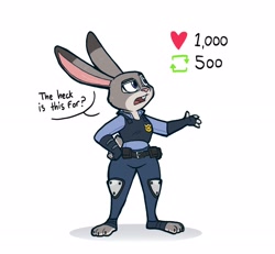 Size: 2600x2400 | Tagged: safe, artist:rushrabbit, part of a set, judy hopps (zootopia), lagomorph, mammal, rabbit, anthro, disney, zootopia, 2022, 3 toes, 4 fingers, belt, bottomwear, clothes, confused, ears, english text, evening gloves, eyebrows, female, fingerless gloves, fur, gloves, gray body, gray fur, gray tail, hand on hip, high res, knee pads, legwear, long ears, long gloves, open mouth, pants, pink nose, police uniform, purple eyes, raised eyebrow, short tail, simple background, solo, solo female, tail, talking, text, toeless legwear, weight gain drive, white background