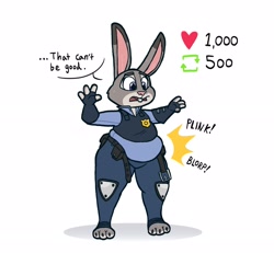 Size: 2600x2400 | Tagged: suggestive, artist:rushrabbit, part of a set, judy hopps (zootopia), lagomorph, mammal, rabbit, anthro, disney, zootopia, 2022, 3 toes, 4 fingers, belt, belt popping, big belly, bottomwear, clothes, ears, english text, evening gloves, fat, female, fingerless gloves, fur, gloves, gray body, gray fur, high res, knee pads, legwear, long ears, long gloves, onomatopoeia, open mouth, overweight, pants, pink nose, police uniform, purple eyes, simple background, solo, solo female, talking, text, thick thighs, thighs, toeless legwear, weight gain, weight gain drive, white background, worried