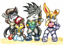 Size: 500x362 | Tagged: safe, artist:reddragonkan, bunnie rabbot (sonic), hershey the cat (sonic), lupe the wolf (sonic), princess sally acorn (sonic), canine, cat, feline, lagomorph, mammal, rabbit, wolf, anthro, archie sonic the hedgehog, sega, sonic the hedgehog (series), female, fur, green eyes, group, hair, low res, tail, text, traditional art