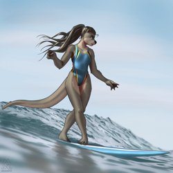 Size: 3000x3000 | Tagged: safe, artist:mykegreywolf, oc, oc:nat (mykegreywolf), mammal, mustelid, otter, anthro, breasts, brown body, brown fur, brown hair, clothes, feet, fur, hair, ocean, one-piece swimsuit, outdoors, ponytail, solo, surfboard, surfing, swimsuit, water
