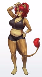 Size: 1581x2866 | Tagged: safe, artist:pgm300, oc, oc only, big cat, feline, lion, mammal, anthro, plantigrade anthro, 2022, belly button, breasts, cleavage, clothes, commission, feet, female, hair, lioness, ponytail, red hair, short hair, slightly chubby, solo, solo female, tail, tail tuft, topwear