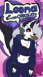 Size: 1080x1920 | Tagged: safe, artist:madnevil, loona (vivzmind), canine, fictional species, hellhound, mammal, anthro, comic:loona and the chocolate factory, charlie and the chocolate factory, helluva boss, 2022, 9:16, abstract background, belly button, big breasts, black gloves, black nose, black tail, bottomwear, breasts, chest fluff, chocolate, cleavage, clothes, collar, colored sclera, cover art, crop top, cropped hoodie, ear fluff, eating, english text, fangs, female, fingerless gloves, fluff, food, fur, gloves, gray body, gray fur, gray hair, hair, hair over one eye, long tail, looking at you, midriff, multicolored fur, multicolored tail, pants, red sclera, sharp teeth, solo, solo female, spiked collar, tail, teeth, text, thick thighs, thighs, topwear, two toned body, two toned fur, two toned tail, watermark, white body, white eyes, white fur, white tail