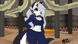 Size: 1920x1080 | Tagged: safe, artist:madnevil, loona (vivzmind), canine, fictional species, hellhound, mammal, anthro, comic:loona and the chocolate factory, charlie and the chocolate factory, helluva boss, 16:9, 2022, belly button, black nose, black tail, bottomwear, breasts, chest fluff, cleavage, clothes, collar, colored sclera, crop top, cropped hoodie, factory, female, fluff, fur, gray body, gray fur, gray hair, hair, hair over one eye, hand on hip, huge tail, indoors, long tail, midriff, multicolored fur, multicolored tail, pants, red sclera, solo, solo female, spiked collar, tail, thick thighs, thighs, three-quarter view, topwear, two toned body, two toned fur, two toned tail, watermark, white body, white eyes, white fur, white tail