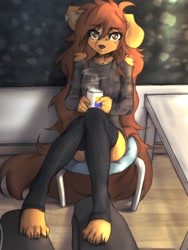 Size: 1804x2399 | Tagged: safe, artist:tinygaypirate, oc, oc:apogee (tinygaypirate), canine, dog, mammal, anthro, barefoot, breasts, chair, claws, clothes, container, cup, feet, female, legwear, looking at you, sitting, smiling, smiling at you, solo, solo female, thick thighs, thighs, toe claws, toeless legwear, toes, wide hips