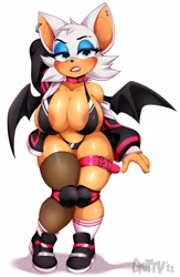 Size: 2417x3700 | Tagged: suggestive, artist:guttybeensfw, rouge the bat (sonic), bat, mammal, anthro, sega, sonic the hedgehog (series), areola, areola slip, bikini, blushing, breasts, chiropteran, clothes, collar, female, fishnet, fishnet stockings, footwear, hand behind head, huge breasts, jacket, knee pads, legwear, looking at you, off shoulder, open clothes, open jacket, see-through, shoes, sling bikini, solo, solo female, stockings, swimsuit, topwear
