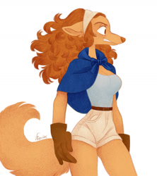 Size: 1280x1443 | Tagged: safe, artist:natashafenik, wanda (one piece), canine, dog, fictional species, mammal, mink tribe, anthro, one piece, bandanna, big breasts, bottomwear, breasts, cleavage, clothes, curled hair, female, gloves, hair, red hair, shorts, solo, solo female, thick thighs, thighs, wide hips