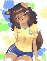Size: 1308x1704 | Tagged: safe, artist:puppyypawss, canine, dog, mammal, anthro, fifa, world cup, brazil, breasts, female, jersey, solo, solo female