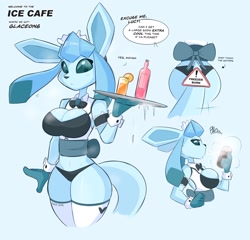 Size: 1676x1610 | Tagged: safe, artist:thekilinah, oc, oc only, eeveelution, fictional species, glaceon, mammal, anthro, nintendo, pokémon, 2021, anthrofied, belly button, big breasts, bikini, black nose, breasts, cleavage, clothes, digital art, ears, eyelashes, female, fur, hair, legwear, reference sheet, solo, solo female, stockings, swimsuit, tail, thighs, waitress, wide hips