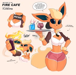 Size: 1607x1571 | Tagged: safe, artist:thekilinah, oc, oc only, eeveelution, fictional species, flareon, mammal, anthro, nintendo, pokémon, 2021, belly button, black nose, bottomwear, breasts, clothes, crop top, digital art, ears, eyelashes, female, fur, hair, reference sheet, shorts, solo, solo female, tail, tank top, thighs, topwear, waitress, wide hips