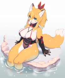 Size: 1200x1450 | Tagged: suggestive, artist:wkar_kbtms, oc, oc only, canine, fox, mammal, anthro, bow, breasts, female, hot springs, huge breasts, sitting, solo, solo female, thick thighs, thighs, water