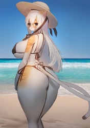 Size: 862x1223 | Tagged: safe, artist:museuk, cat, feline, mammal, anthro, beach, bikini, breasts, butt, clothes, female, hat, headwear, huge breasts, huge butt, looking at you, looking back, looking back at you, solo, solo female, sun hat, swimsuit, thick thighs, thighs, wide hips