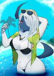 Size: 1409x1968 | Tagged: safe, artist:flawssle, absol, fictional species, mammal, anthro, nintendo, pokémon, big breasts, bikini, breasts, clothes, female, fluff, glasses, glasses on head, jewelry, neck fluff, necklace, open clothes, open shirt, partially submerged, shirt, solo, solo female, sunglasses, sunglasses on head, swimsuit, thick thighs, thighs, topwear, water, wide hips
