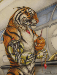 Size: 900x1173 | Tagged: safe, artist:teiirka, big cat, feline, mammal, tiger, anthro, male, prosthetic arm, prosthetics, solo, solo male, traditional art