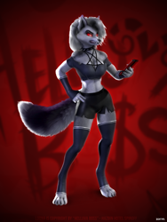 Size: 2400x3200 | Tagged: safe, artist:zorryn, loona (vivzmind), canine, fictional species, hellhound, mammal, anthro, digitigrade anthro, hazbin hotel, helluva boss, 2019, 3d, angry, black nose, bottomwear, breasts, cell phone, claws, cleavage, clothes, collar, colored sclera, crop top, cropped shirt, digital art, ear fluff, ears, eyebrow piercing, eyebrows, eyelashes, eyeshadow, fangs, female, fingerless gloves, fluff, fur, gloves, glowing, glowing eyes, gray body, gray fur, gritted teeth, hair, hand on hip, high res, legwear, long hair, makeup, midriff, multicolored fur, paws, phone, piercing, red sclera, sharp teeth, shoulder fluff, smartphone, solo, solo female, spiked collar, tail, tail fluff, teeth, thigh highs, thighs, toeless legwear, topwear, torn clothes, torn ear, white body, white eyes, white fur, white hair