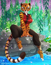 Size: 761x960 | Tagged: safe, artist:tiggybloom, master tigress (kung fu panda), big cat, feline, mammal, tiger, anthro, dreamworks animation, kung fu panda, 2022, big breasts, breasts, clothes, ears, female, looking at you, smiling, smiling at you, solo, solo female, tail, tigress, year of the tiger