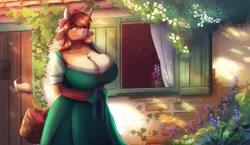 Size: 4096x2371 | Tagged: safe, artist:ardail, marion (changeling tale), bovid, cattle, cow, mammal, anthro, changeling tale, breasts, cleavage, clothes, cottage, dress, female, freckles, horns, huge breasts, jewelry, necklace, solo, solo female