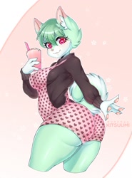 Size: 948x1280 | Tagged: safe, artist:kitsuumi, oc, oc only, canine, dog, mammal, shiba inu, anthro, 2019, belly button, breasts, butt, clothes, commission, digital art, ears, eyelashes, female, fur, hair, holding, looking at you, pink nose, pose, rear view, sideboob, smoothie, solo, solo female, tail, thighs, wide hips