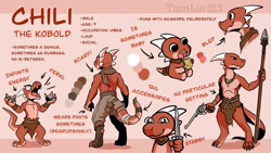 Size: 2400x1350 | Tagged: safe, artist:taborlin123, fictional species, kobold, reptile, anthro, chibi, clothes, gun, horns, knife, loincloth, male, open mouth, reference sheet, scarf, screaming, solo, solo male, spear, tail, weapon, yelling