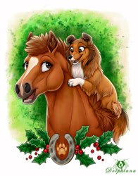 Size: 707x900 | Tagged: safe, artist:dolphiana, canine, dog, equine, horse, mammal, feral, 2d, brown body, brown eyes, brown fur, brown hair, brown mane, cheek fluff, claws, cute, duo, duo female, ear fluff, female, females only, fluff, fur, hair, holly, horseshoe, leg fluff, looking at each other, mane, mare, multicolored fur, neck fluff, open mouth, open smile, sheepdog, shetland sheepdog, smiling, tail, tail fluff