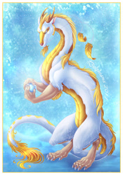 Size: 491x700 | Tagged: safe, artist:dolphiana, dragon, eastern dragon, fictional species, feral, 2011, 2d, ambiguous gender, fluff, fur, holding, holding object, leg fluff, orb, solo, solo ambiguous, tail, tail fluff, white body, white fur, yellow belly