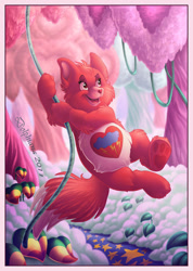 Size: 533x750 | Tagged: safe, artist:dolphiana, oc, oc only, oc:wild heart fox (care bears), canine, fox, mammal, red fox, semi-anthro, care bears, 2011, 2d, arm fluff, belly fluff, ear fluff, female, fluff, fur, head fluff, leg fluff, paw pads, paws, pubic fluff, red body, red fur, shoulder fluff, solo, solo female, swinging, tail, tail fluff, vines, vixen, white belly