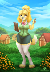 Size: 704x1000 | Tagged: safe, artist:dolphiana, isabelle (animal crossing), canine, dog, mammal, shih tzu, anthro, animal crossing, nintendo, bottomwear, breasts, building, clipboard, clothes, dipstick tail, ear fluff, female, flower, fluff, front view, fur, green eyes, holding, holding object, house, legwear, paw pads, paws, pink paw pads, plant, skirt, smiling, solo, solo female, standing, stockings, tail, tail fluff, three-quarter view, topwear, wide hips, yellow body, yellow fur