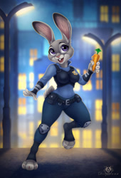 Size: 817x1200 | Tagged: safe, artist:dolphiana, judy hopps (zootopia), lagomorph, mammal, rabbit, anthro, disney, zootopia, 2d, breasts, cheek fluff, clothes, ear fluff, female, fluff, fur, gray body, gray fur, holding, holding object, open mouth, open smile, pink nose, police uniform, purple eyes, short tail, smiling, solo, solo female, tail, tail fluff