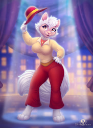 Size: 750x1031 | Tagged: safe, artist:dolphiana, sawyer (cats don't dance), cat, feline, mammal, anthro, cats don't dance, warner brothers, 2d, bottomwear, breasts, brown eyes, cheek fluff, clothes, ear fluff, female, fluff, fur, hand on hip, hat, head fluff, headwear, pants, solo, solo female, standing, tail, tail fluff, white body, white fur