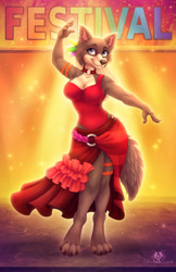 Size: 713x1100 | Tagged: safe, artist:dolphiana, juno (beastars), canine, mammal, wolf, anthro, beastars, bottomwear, breasts, brown body, brown fur, brown nose, cheek fluff, claws, clothes, dress, ear fluff, female, fluff, fur, purple eyes, signature, smiling, solo, solo female, standing, tail, tail fluff