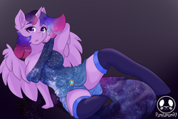 Size: 1200x800 | Tagged: safe, artist:panda_man90, oc, oc only, alicorn, equine, fictional species, mammal, pony, anthro, unguligrade anthro, friendship is magic, hasbro, my little pony, 2021, anthrofied, big breasts, breasts, chest fluff, clothes, commission, cutie mark, digital art, dress, ears, ethereal dress, ethereal mane, ethereal tail, eyelashes, feathered wings, feathers, female, fluff, fur, fusion, hooves, horn, looking at you, simple background, solo, solo female, spread wings, tail, thighs, wide hips, wings