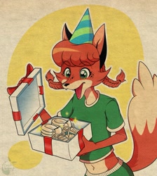 Size: 807x901 | Tagged: safe, artist:thepurplevulpes, oc, oc:patty (fox-popvli), canine, fox, mammal, anthro, belly button, birthday gift, birthday hat, clothes, crop top, cropped shirt, cute, cute little fangs, fangs, female, green eyes, hair, midriff, open mouth, open smile, pigtails, shoes, smiling, solo, solo female, teeth, topwear, vixen
