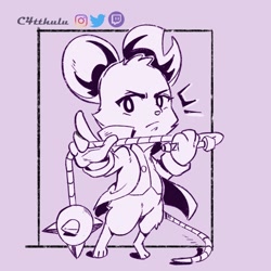 Size: 1200x1200 | Tagged: safe, artist:c4tthulu97, mina (mina the hollower), mammal, mouse, rodent, anthro, plantigrade anthro, 2022, bottomless, clothes, female, flail, mina the hollower, monochrome, mouse ears, murine, nudity, partial nudity, solo, solo female, tail