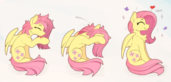 Size: 2500x1197 | Tagged: safe, artist:yakovlev-vad, fluttershy (mlp), arthropod, butterfly, equine, fictional species, insect, mammal, pegasus, pony, feral, friendship is magic, hasbro, my little pony, 2018, behaving like a cat, chest fluff, comic, eyes closed, feathered wings, feathers, female, fluff, grooming, hair, happy, heart, high res, licking, mane, pink hair, pink mane, pink tail, simple background, smiling, solo, solo female, sparkles, spread wings, tail, tongue, tongue out, white background, wings, yellow body