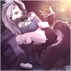 Size: 2000x2000 | Tagged: safe, artist:myoniis_, artist:myoniisx, loona (vivzmind), canine, fictional species, hellhound, mammal, anthro, digitigrade anthro, hazbin hotel, helluva boss, 2022, big breasts, border, breasts, clothes, ears, female, gray hair, hair, long hair, looking at you, middle finger, solo, solo female, tail, thick thighs, thighs, vulgar, white border