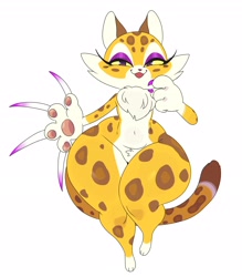 Size: 2358x2688 | Tagged: suggestive, artist:ss2sonic, part of a set, clawroline (kirby), big cat, feline, leopard, mammal, anthro, kirby (series), nintendo, 2022, 3 toes, 4 fingers, chest fluff, claws, colored sclera, featureless crotch, female, fluff, front view, fur, high res, hyper, hyper thighs, kirby and the forgotten land, lidded eyes, long claws, long tail, looking at you, open mouth, paw pads, paws, pear-shaped, pubic fluff, purple eyes, simple background, smug, solo, solo female, spotted fur, tail, white background, yellow sclera