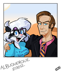 Size: 3600x4200 | Tagged: safe, artist:unlimited edge, saul goodman (breaking bad), oc, oc:sabrina (sabrina-online), human, mammal, skunk, anthro, breaking bad, cc by-nc, creative commons, 2022, blue eyes, breasts, brown hair, clothes, crossover, cyan eyes, desert, duo, female, glasses, hair, hand on shoulder, high res, looking at you, male, meme, necktie, open mouth, outdoors, pink nose, polaroid, shirt, signature, smiling, smiling at you, suit, sun, t-shirt, text, text on clothing, text on shirt, topwear