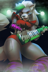 Size: 633x950 | Tagged: safe, artist:miles-df, roxanne wolf (fnaf), animatronic, canine, fictional species, mammal, robot, wolf, anthro, five nights at freddy's, five nights at freddy's: security breach, 2022, big breasts, breasts, clothes, ears, female, green hair, hair, keytar, long hair, looking at you, multicolored hair, smiling, smiling at you, solo, solo female, tail, thick thighs, thighs, two toned hair, white hair