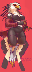 Size: 800x1799 | Tagged: safe, artist:thebombird, oc, oc:clara (bombird), bird, bird of prey, secretary bird, anthro, beak, big breasts, breasts, clothes, feathers, female, jacket, solo, solo female, tail, tail feathers, thick thighs, thighs, topwear, wide hips, workout clothes