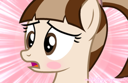 Size: 1112x720 | Tagged: safe, artist:muhammad yunus, oc, oc only, oc:coffee mocha, equine, fictional species, mammal, pegasus, pony, feral, friendship is magic, hasbro, my little pony, blushing, female, gasp, mare, medibang paint, open mouth, pink background, sad, simple background, solo, solo female