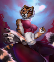 Size: 1110x1280 | Tagged: safe, artist:skofer, master tigress (kung fu panda), big cat, feline, mammal, tiger, anthro, dreamworks animation, kung fu panda, 2022, belly button, breasts, clothes, digital art, female, fur, solo, solo female, sports bra, sports pants, tail, thighs, topwear, wide hips