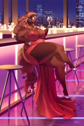 Size: 2731x4096 | Tagged: safe, artist:holivi, oc, oc:rain (rainstorm), equine, horse, mammal, anthro, absolute cleavage, bar, bedroom eyes, breasts, butt, cleavage, clothes, crossed legs, dress, drink, female, huge breasts, huge butt, looking at you, side slit, sitting, slightly chubby, smiling, smiling at you, solo, solo female, thick, thick thighs, thighs, wide hips