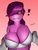 Size: 1218x1600 | Tagged: suggestive, artist:creatiffy, susie (deltarune), reptile, anthro, deltarune, 2022, arm behind back, bra, breast grab, breasts, clothes, digital art, disembodied hand, duo, ears, eyelashes, female, hair, huge breasts, male, male/female, offscreen character, one eye closed, pov, scales, underwear, wide hips