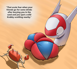Size: 1280x1149 | Tagged: suggestive, artist:creatiffy, arthropod, crab, crustacean, fictional species, latias, legendary pokémon, anthro, nintendo, pokémon, 2022, beach, bikini, bikini top, blue bikini, blue swimsuit, breasts, buried in the sand, clothes, dialogue, digital art, ears, eyelashes, huge breasts, looking at each other, looking down, offscreen character, pov, scales, shrunken pupils, swimsuit, talking, text, this will not end well