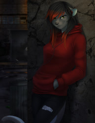 Size: 618x800 | Tagged: safe, artist:elvofirida, oc, oc only, oc:jessirae, mammal, mustelid, otter, anthro, alleyway, black hair, breasts, building, clothes, earphones, ears, female, green eyes, hair, hoodie, jeans, leaning, leaning on wall, looking at you, outdoors, pants, red hair, ripped jeans, ripped pants, solo, solo female, tail, topwear, torn clothes