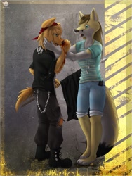 Size: 965x1280 | Tagged: safe, artist:dichlofous, canine, dog, fox, mammal, anthro, bandanna, barefoot, bleeding, blood, boots, clothes, concerned, denim shorts, duo, duo female, earbuds, female, females only, flag, hand on face, headphones, headwear, holding, holding object, nosebleed, pants, pants chain, portable media player, ripped pants, shirt, shoes, topwear, torn clothes