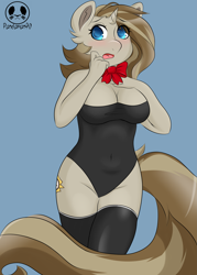 Size: 3445x4823 | Tagged: safe, artist:panda_man90, equine, fictional species, mammal, pony, unicorn, anthro, friendship is magic, hasbro, my little pony, 2022, breasts, bunny suit, clothes, commission, cutie mark, digital art, eyelashes, female, fur, hair, horn, legwear, looking at you, open mouth, solo, solo female, stockings, tail, thighs, tongue, water, wide hips