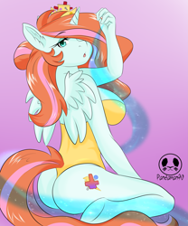 Size: 3445x4134 | Tagged: suggestive, artist:panda_man90, alicorn, equine, fictional species, mammal, pony, anthro, friendship is magic, hasbro, my little pony, 2022, big breasts, breasts, bunny suit, butt, clothes, commission, crown, cutie mark, digital art, eyelashes, female, fur, hair, headwear, horn, jewelry, looking at you, one eye closed, open mouth, rear view, regalia, sideboob, solo, solo female, spread wings, tail, thighs, tongue, wedgie, wide hips, wings