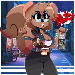 Size: 3400x3400 | Tagged: safe, artist:wirelessshiba, oc, oc only, mammal, rodent, squirrel, anthro, 2022, belt, breasts, buckteeth, chest fluff, cleavage, clothes, eyebrows, eyelashes, female, fluff, fur, glasses, hair, japanese text, looking at you, open mouth, pointing, police, solo, solo female, teeth
